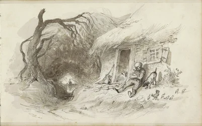 Man Sitting in Front of a House with a Thatched Roof by a Ditch