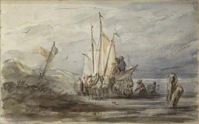 Horse and Cart by a Shore near a Sailing Ship