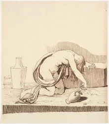 Naked Forward-Bending Woman (Drunk) with an Emptied Wine Jug