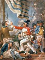 John Paul Jones shooting a sailor who had attempted to strike his colours in an engagement, pub. by Carrington Bowles