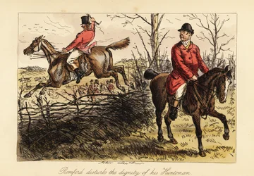 Huntsman Jumping a Fence on an Old Nag and Interfering with the Pack of Hounds