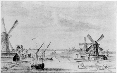 A view of the woodsawing mills at the Zaan, the city of Zaandam beyond