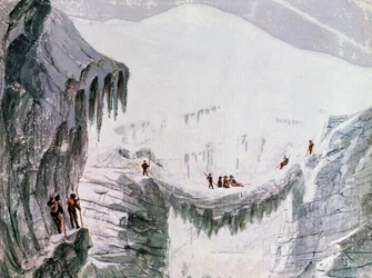 Climbing Mont Blanc, climbers suspended from crevasse