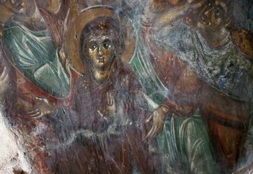 Fresco of Saint in Byzantine Church of Ayios Stephanos, Drakona, Crete, Greece