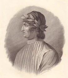 Portrait of Italian poet and humanist Angelo Ambrogini also known as Poliziano, copper engraving by G Bonatti