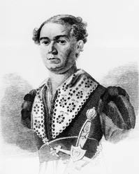 Portrait of Vasily Andreevich Karatygin, Russian actor, engraving from Russkaya Talia, anthology by Faddey Venediktovich Bulgarin