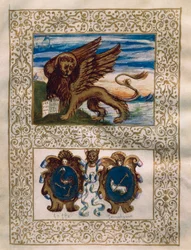 The winged lion of Venice and the Leffe and Gandino coats of arms, miniature from the Privilegio della Serenissima alla Val Gandino