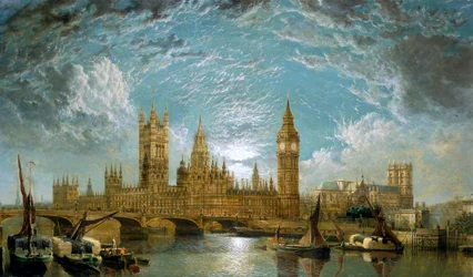 Westminster Bridge, the Houses of Parliament and Westminster Abbey seen from the River