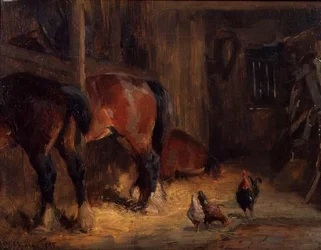 A Stable Interior with Horses and Chickens