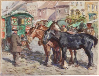 Black Horse with Houses in Background
