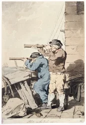 Two pilots on surveillance, each carrying their own telescope, pointed at sea, from the platform of a fortified building