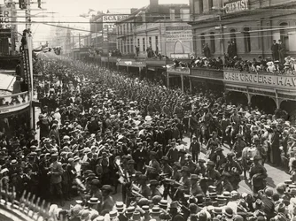 The 12th Battalion, AIF, marching through the city prior to embarking for service overseas, Hobart, Tasmania, 14 October 1914