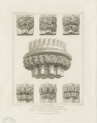 Interior of Lichfield Cathedral - Cluster Pillar in Chapter House and Brackets in Lady Chapel: Engraving