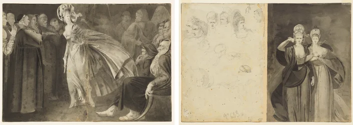 Woman Standing among the Friars (recto) Sketches of Heads (verso, left); Two Women (verso, right)