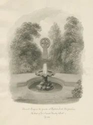 Rolleston Hall - Ancient cross: sepia drawing, 1848