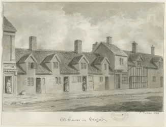 Stafford - Old Houses in Eastgate Street: sepia drawing, 1844