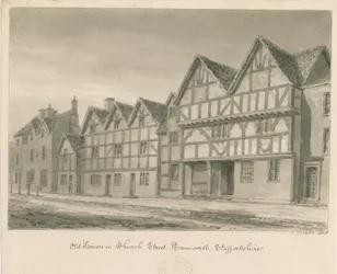Tamworth - Old Houses in Church Street: sepia wash drawing, 1838