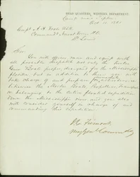 Letter signed J.C. Fremont, Major General Commanding, Head Quarters, Western Department, camp near Tipton, to Captain A.H. Foote, U.S.N. Commanding Naval Forces H.D., St. Louis, October 11, 1861
