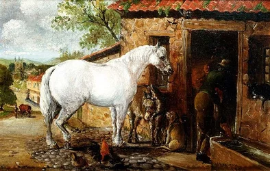 A Grey mare by a smithy