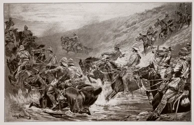 The Dash for Kimberley - The 10th Hussars Crossing Klip Drift, after a sketch by G.D. Giles