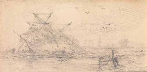 A Two Deck Ship Wrecked on a Beach