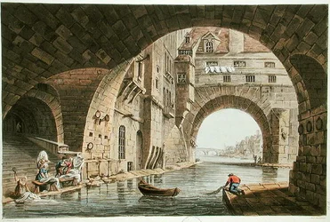 The Washing Place of the Hotel-Dieu and the Pont de la Tournelle, engraved by I. Hill, 1810