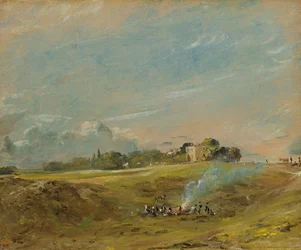 A View of Hampstead Heath, with Figures Round a Bonfire