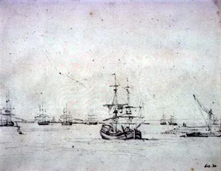 A Brig at Anchor and Other Shipping in the Thames