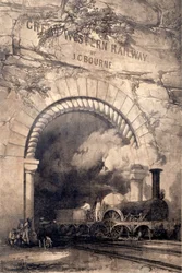 Acheron 2-2-2 locomotive emerging from a tunnel near Bristol, frontispiece to The History and Description of the Great Western Railway, 1846