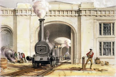 Entrance to Locomotive Engine House, Camden Town, engraved by the artist