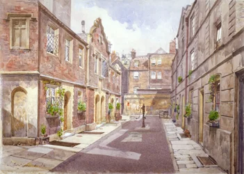 View of almshouses in Cock Court, Jewry Street, City of London, 1886.