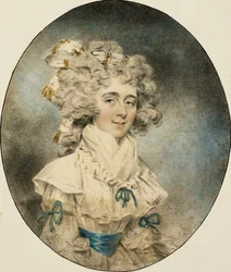 Portrait of Mrs. Fisher, half length, in a White Dress Adorned with Blue Ribbons