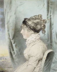 Portrait of a Lady, Identified as Eliza Were Holdsworth, Seated, Half Length, in Profile to the Left, in a White Dress and with a Black Hairband, Beside Drapery, with a Coastal View Beyond