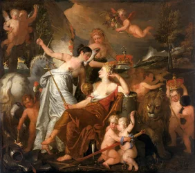 A late Princess personifying Peace crowning the Glory of England reflected on Europe