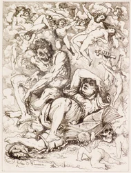 Reclining Figure Holding Cross, the Devil Sitting Nearby Surrounded by Floating Figures
