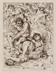 Reclining Figure Holding Cross, the Devil Sitting nearby Surrounded by Floating Figures