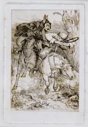 Two Galloping Horsemen [one carrying his own head]