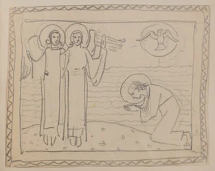 Untitled [Kneeling figure and two angels]