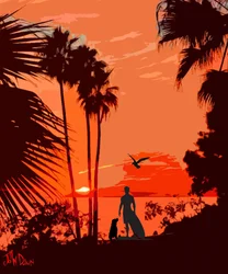Surfer Dog Tropical Sunset