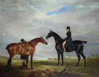 Frank Hall Standish on his Black Hunter with a Groom and a Second Horse