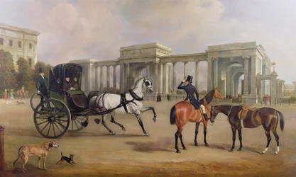 Mr. Massey Stanley with cabriolet and hacks at Hyde Park Corner, 1833