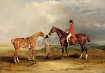 Portrait of John Drummond on a Hunter with a Groom Holding His Second Horse, in a Landscape, a Hunting Party Beyond