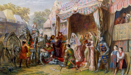 Lancelot Fights Sir Mador to Defend the Honour of Guinevere, Before King Arthur, Guinevere and the King