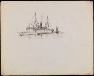 Steam Vessel Near a Coast with Tug Alongside