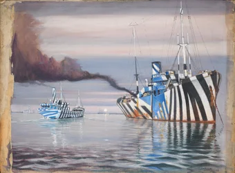 S.S. Lepanto and Another Steam Vessel, Both Dazzle-Painted, Anchored in Calm Water
