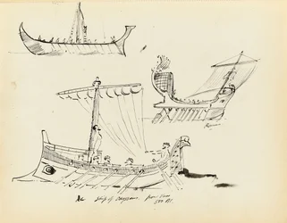 Sketches of Early Vessels Including a Roman Sail and Oar Vessel and Ship of Odysseus, 500 BC