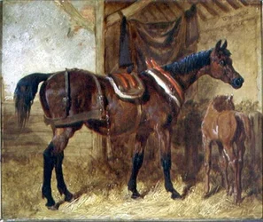 An Old Mare and Foal in a Stable