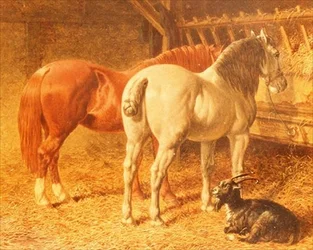 Horses and a Goat in a Stable