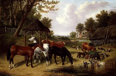 Horses by a Farmyard Pond