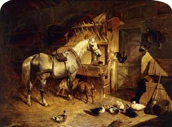 The Interior of a Stable with a Dapple Grey Horse in Harness, with Ducks, Goats, and a Cockerel by a Manger, 1843